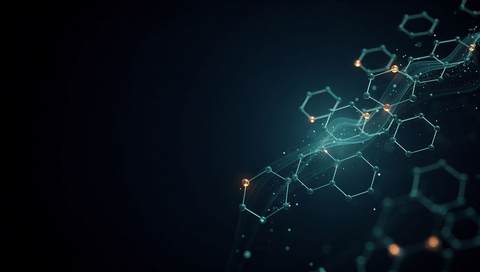 Floating molecular constellation with teal aura and amber highlights against deep navy space